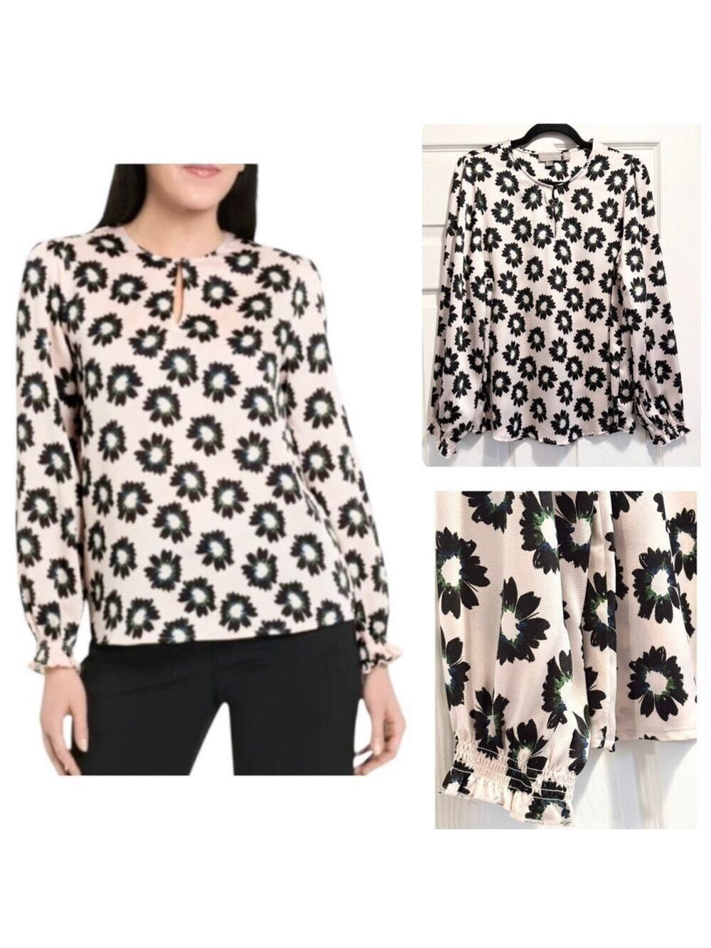 Ted Baker Floral Blouse Long Sleeve Split Neck Light Pink Black Top Size Medium